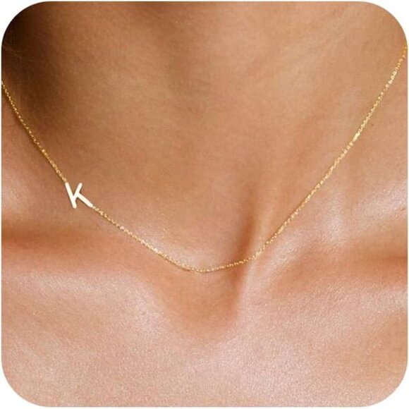 Gold initial necklace with dainty design, 15-inch length, lobster clasp - Picture 1 of 7
